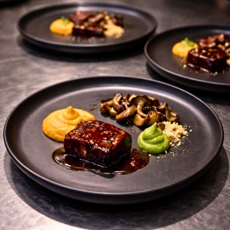 Eventcatering Berlin mit angerichteten Hauptgerichten auf schwarzen Tellern bei Live Cooking Station