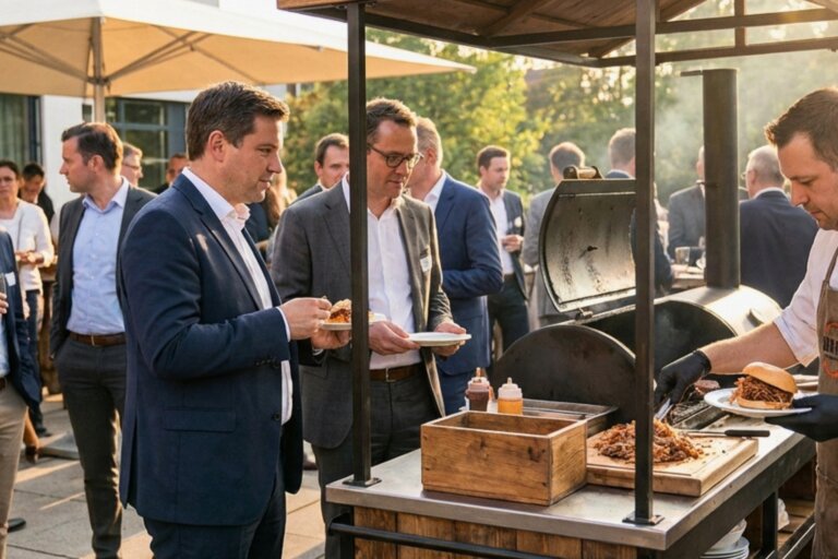 BBQ Catering mit Live Grill Station und Gästen auf Firmenevent