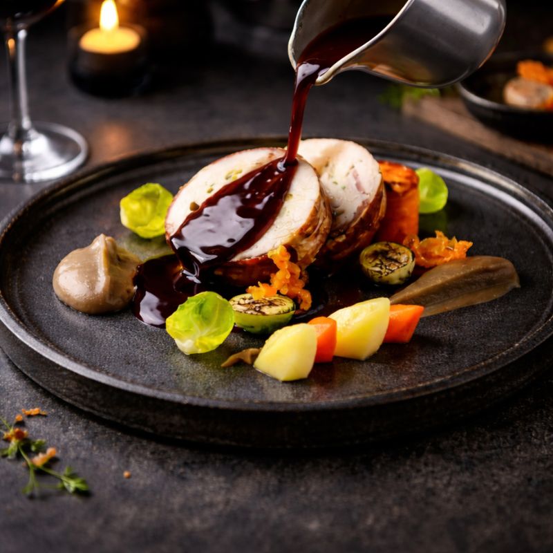 Christmas catering buffet with meat dish, sauce and vegetables on plate