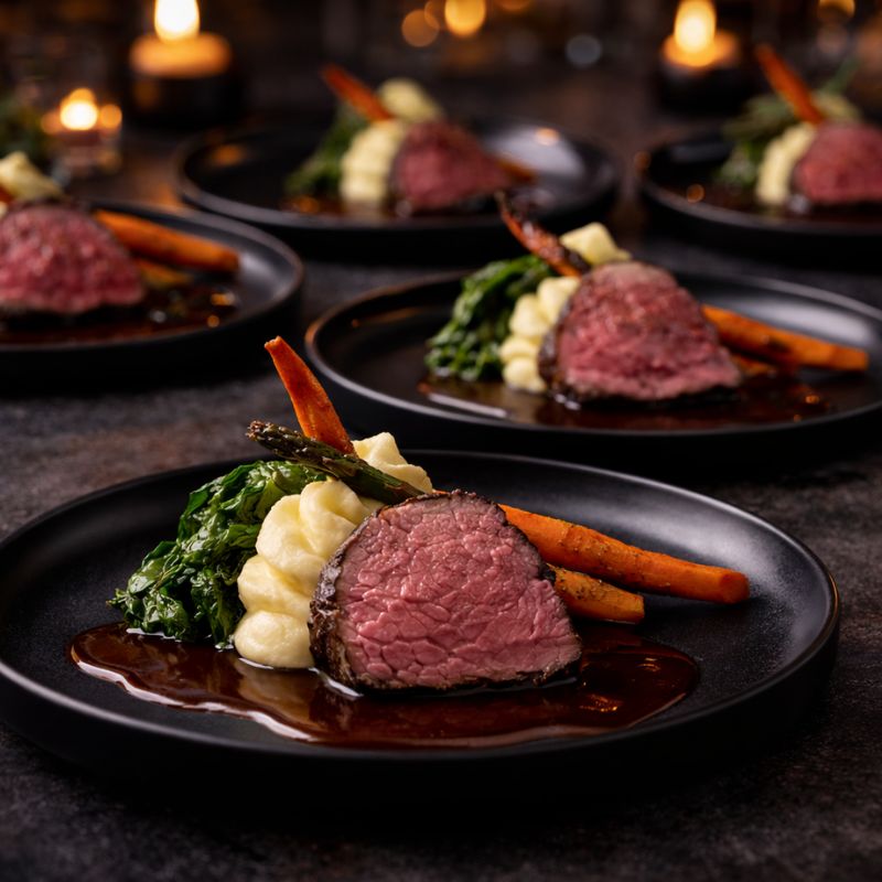 Catering Berlin Buffet mit Fleischgericht, Kartoffelpüree und Gemüse auf Tellern