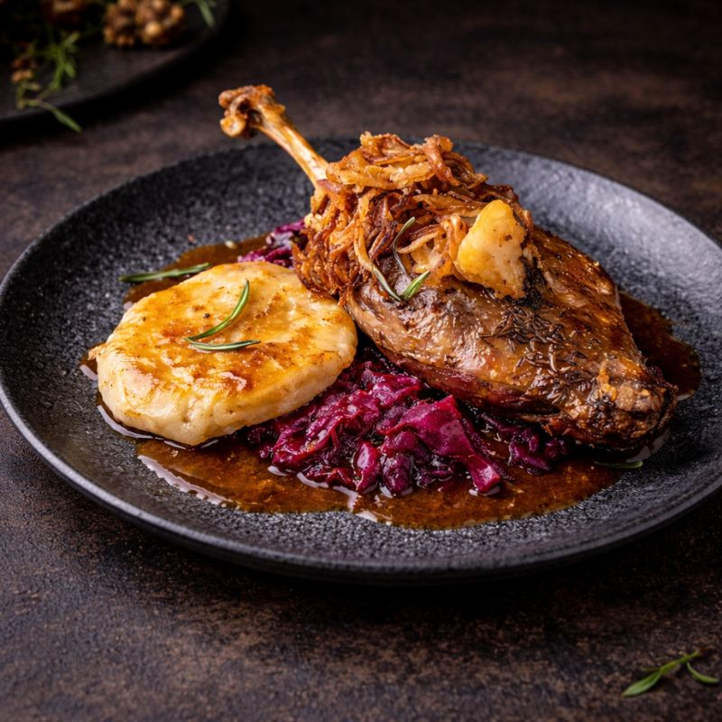 Weihnachtscatering Berlin mit Gänsekeule, Rotkohl und Klößen auf Teller
