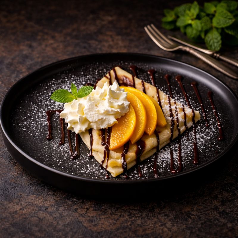 Weihnachtscatering Berlin Dessert mit Crêpe, Sahne und Früchten auf Teller