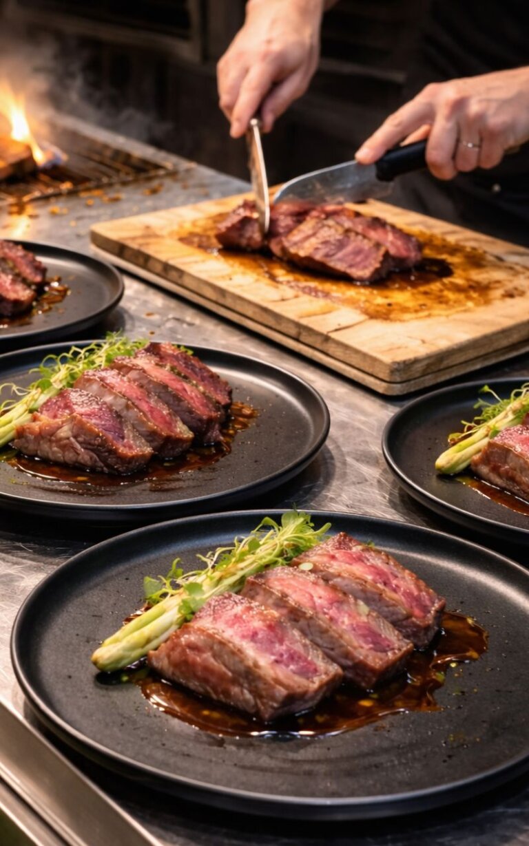 Steak wird frisch geschnitten bei Live Grill Catering auf Event